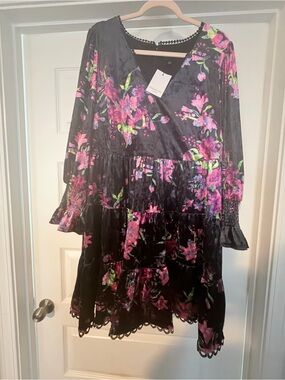 Navy Blue Velvet Floral Tiered Dress Pink & Green Blooms.  knee length